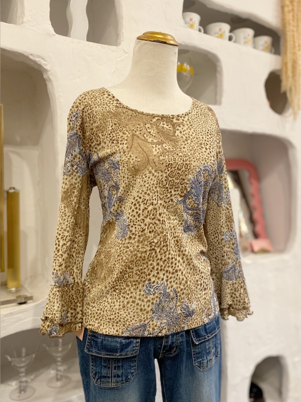 Y2K Mesh Leopard Print Long Sleeve Top with Blue Floral Accents and Ruffle Cuffs